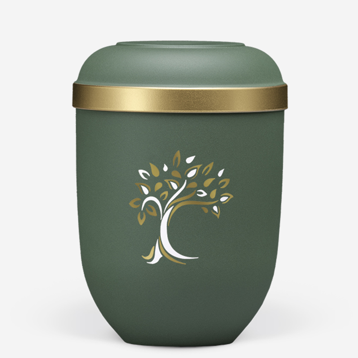 Naturstoffurne, Olivegrün- Velours, Baum ART-Dekor gold/weiß